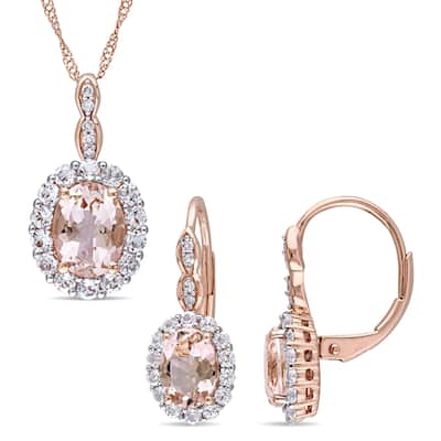 Miadora 14k Rose Gold Oval-cut Morganite, White Topaz & 5/8ct TDW Diamond Halo Drop Jewelry Set