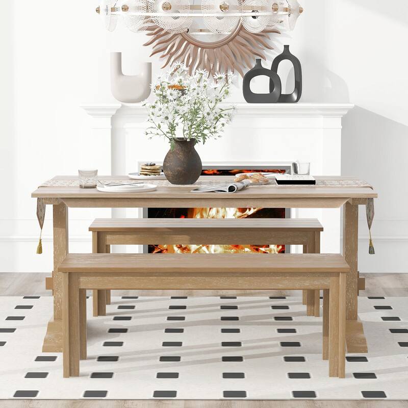 3-Piece Retro Dining Set - Rectangular Trestle Table with 2 Benches