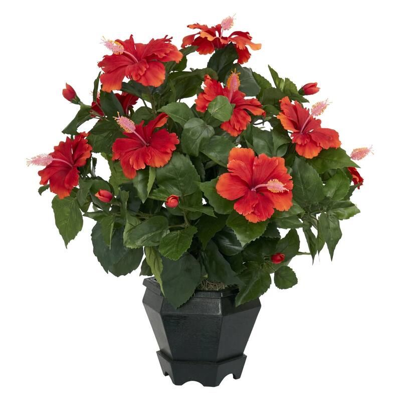 Silk Hibiscus Plant with Vase African Decor Black Hexagon Flower Arrangement Home Accent - 1.67ft.