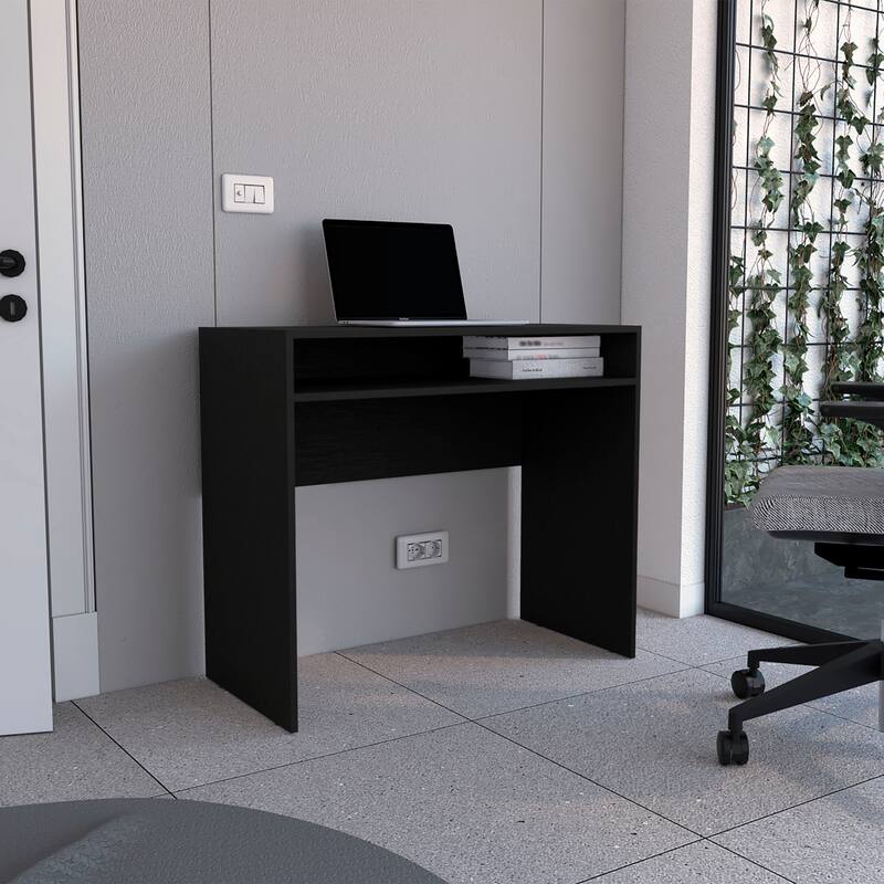 Compact 35" Writing Desk with Open Shelf, Space-Saving, Modern Design for Office and Home Spaces - Black