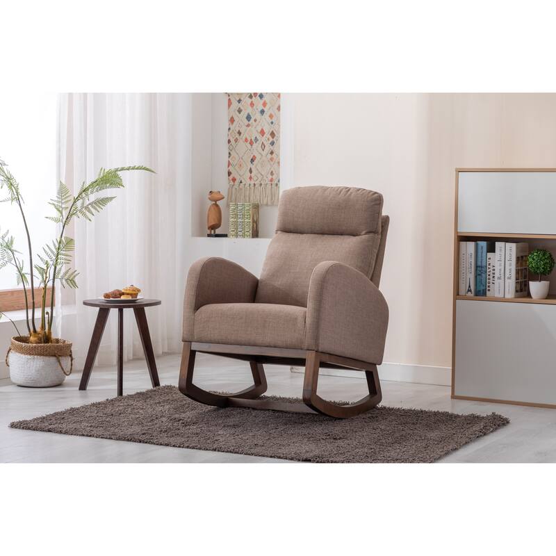 Modern Accent Upholstered Rocking Rocker High Back Arm Chair with Wooden Frame Side & Pockets for Living Room