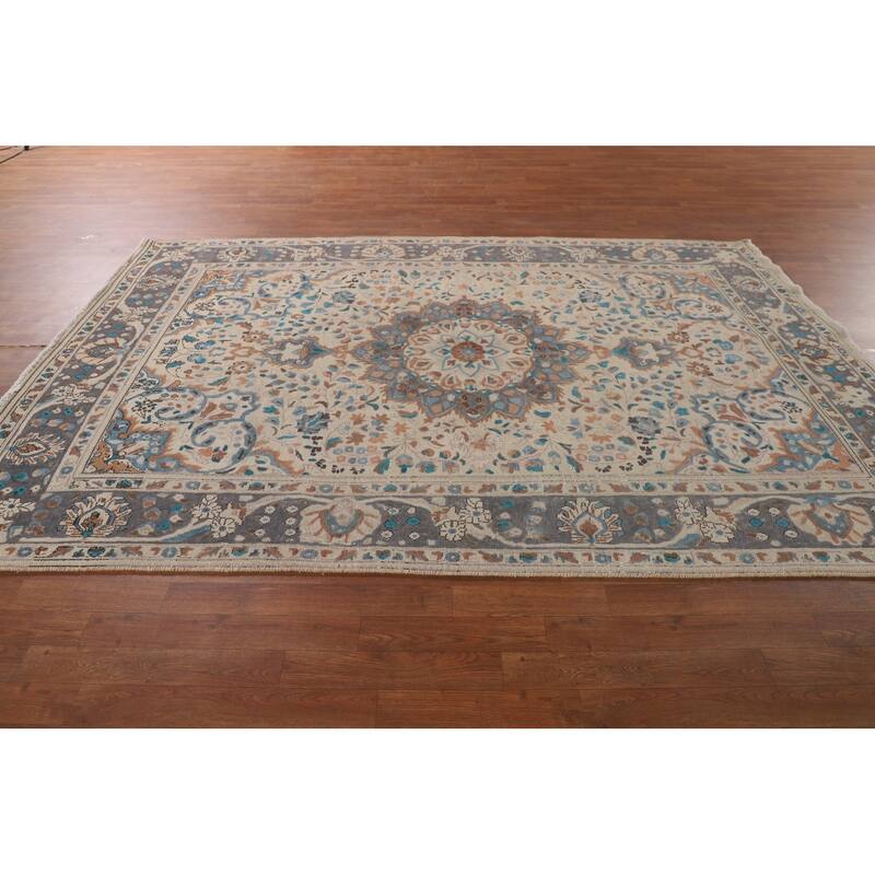 Ivory Floral Tabriz Persian Vintage Rug Handmade Wool Carpet - 6'4"x 9'6"