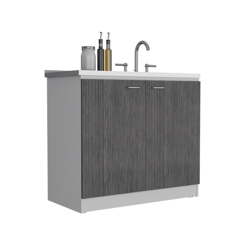 Freestanding Sink Cabinet with Double Doors and Two Shelves, White / Black, Practical Design, Stainless Steel