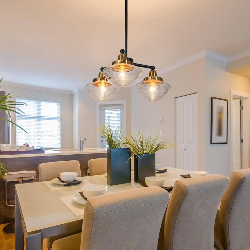 Mid-Century Modern 3/5-Light Black Gold Wheel Chandelier Seeded Glass Pendant Light for Dining Room