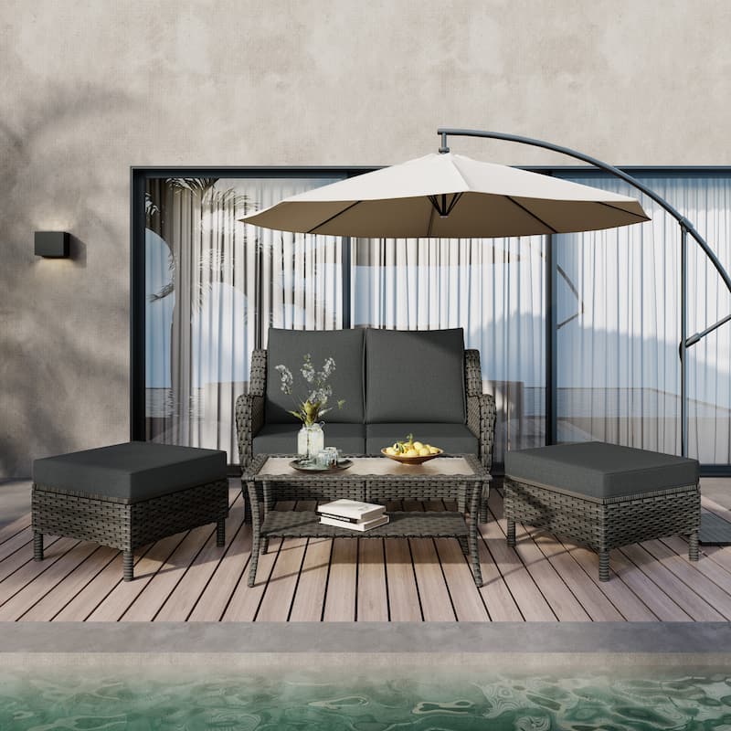 5 Pieces Outdoor Rattan Patio Furniture Set - Grey-Grey - Grey Rattan