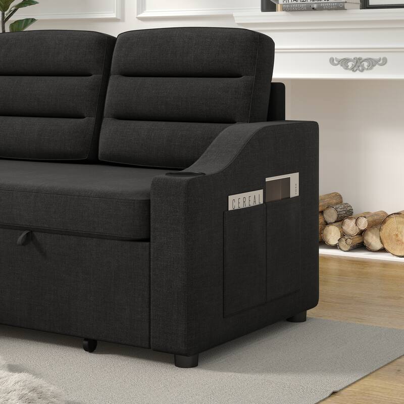 83.5'' Polyester Convertible 3 Seater Sleeper Sofa Couch with Pull-Out Bed, Storage Recliner, Cup Holder, and Side Pockets