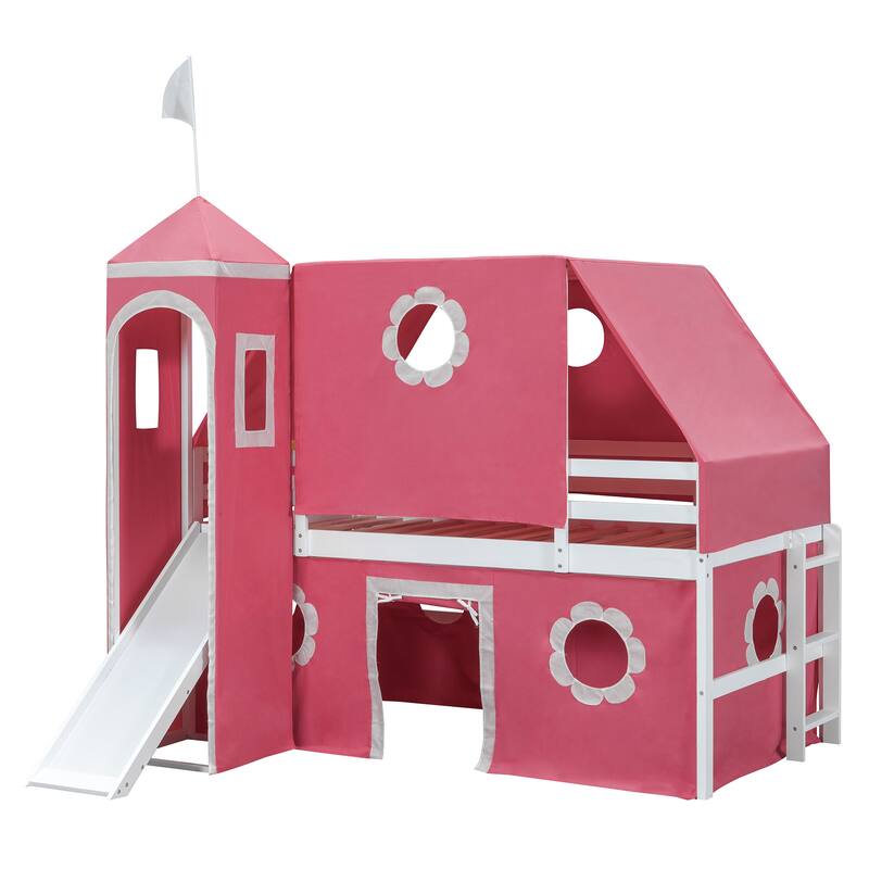 Castle Frame Bed Wood Loft Bed Loft Bed Convertible To Mini Playground with Pink Tent and Tower, Child Bed Tent