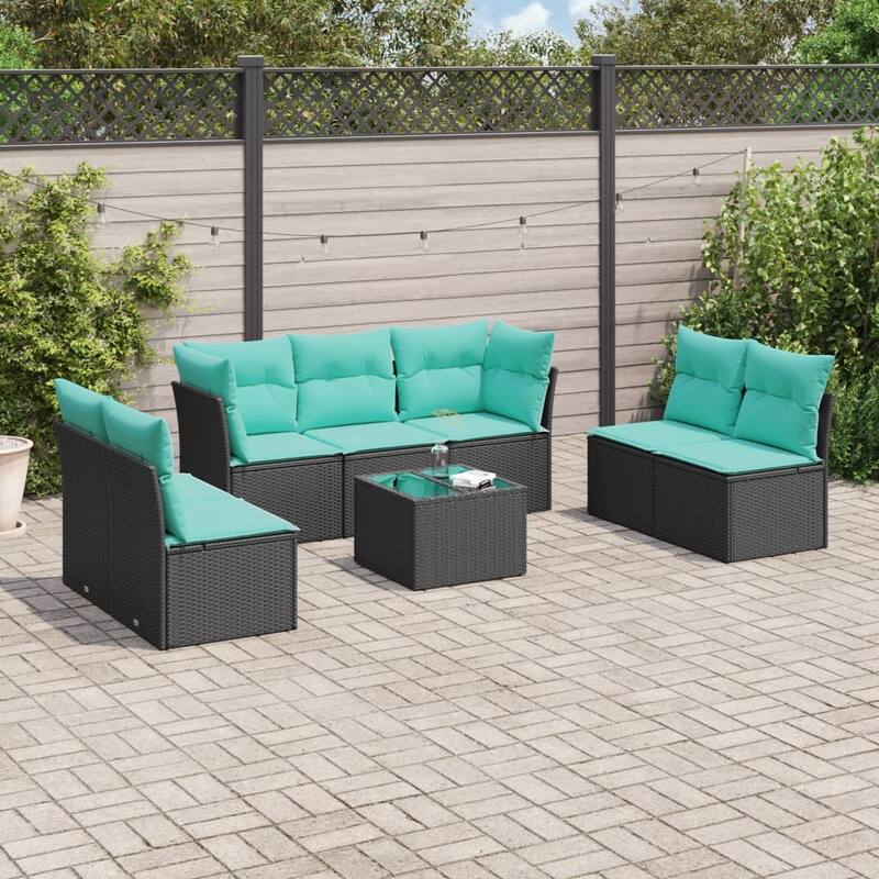 vidaXL 7/8 Piece Patio Sofa Set with Cushions Black/Brown/Gray Poly Rattan - 24.4 x 24.4 x 27.2 - Black and blue With table