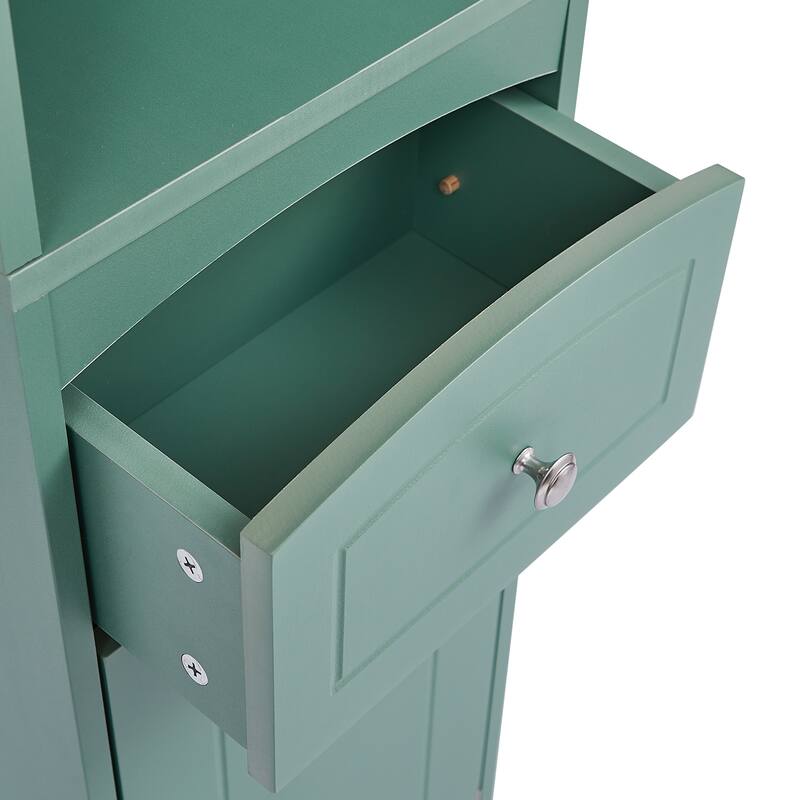 Bathroom Storage Cabinet with Drawer, Open Shelves and Adjustable Shelf, Tall Cabinet with Curved Line Top and Bottom Pane