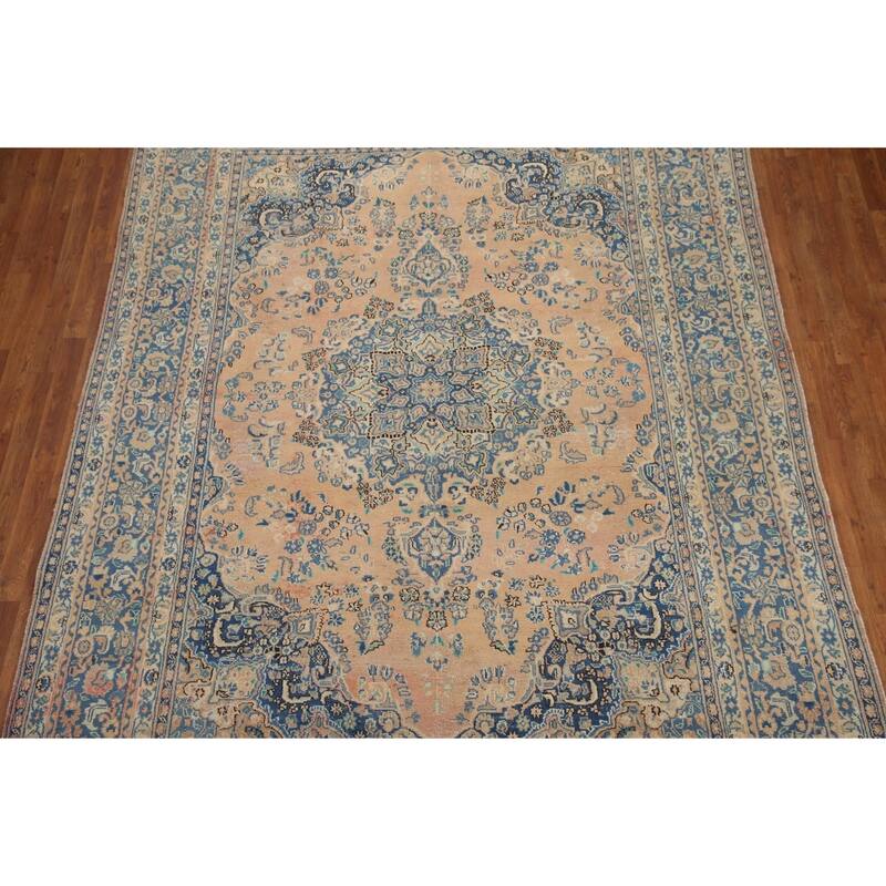 Hand Knotted Oriental 100% Wool Carpet Traditional Medallion Peach Mashad Area Rug - 11' 0'' X 7' 11''