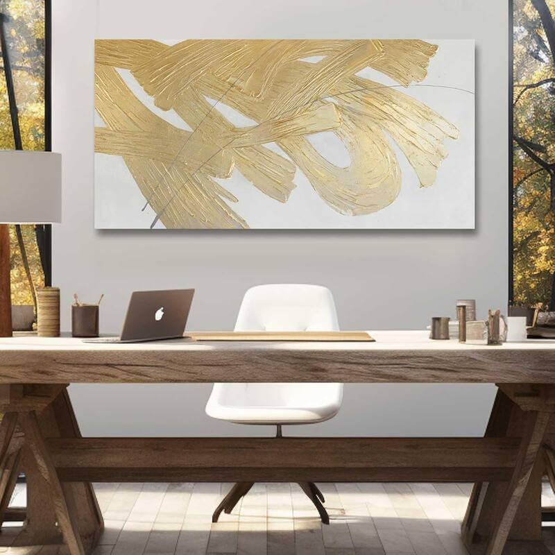 Gold Abstract Wall Art White and Gold Modern Framed Painting