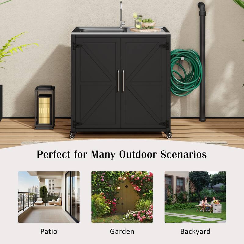 Outdoor Movable Kitchen Stainless Steel Tabletop Sink with Adjustable Rotating Faucet, Outdoor Cupboard with Lockable Wheels