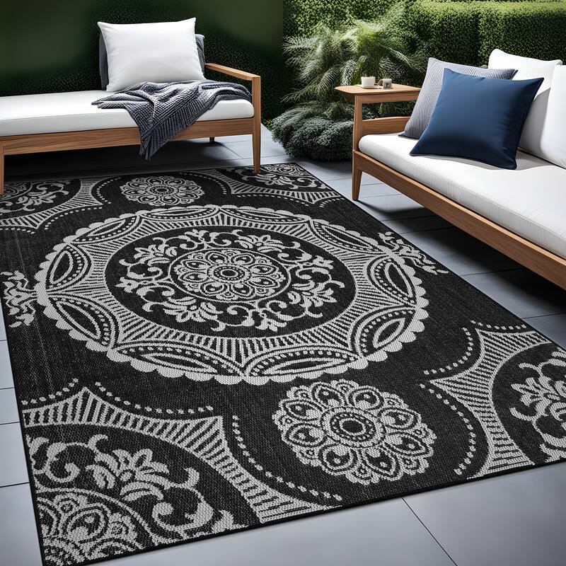 Beverly Rug Blue Medallion Indoor Outdoor Rug, Outside Carpet for Patio, Deck, Porch
