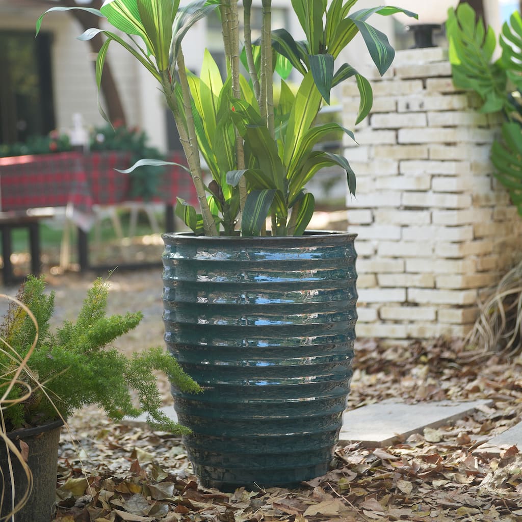 Handmade Ceramic Planter, 17 Inch Diameter, 1 Piece, Horizontal Ripples Pattern