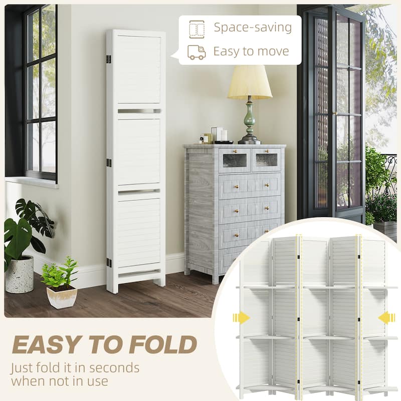HOMCOM 5 Panel 67" Tall Wood Room Divider, Privacy Screen with 3 Display Shelves, and Folding Storage for Bedroom or Home Office