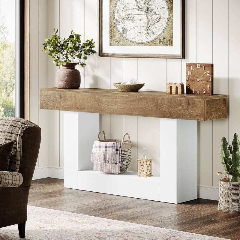 63" Console Table for Entryway, Farmhouse 2-Tier Wood Sofa Table Behind Couch