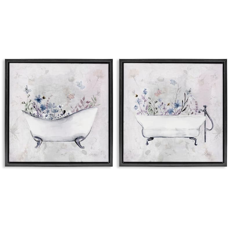 Stupell Antique Tubs with Botanics Framed Floater Canvas Wall Art Design By Stella Chang (Set of 2) - 18 x 18 - Black