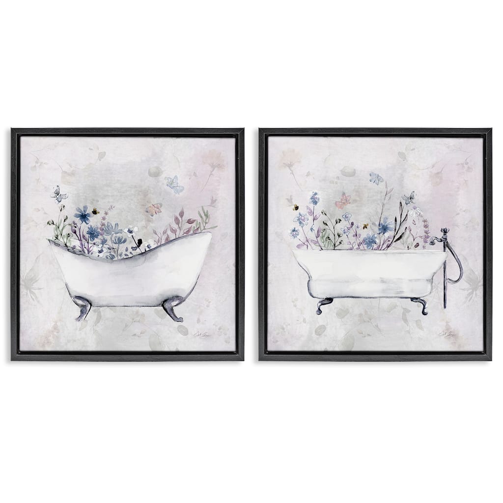 Stupell Antique Tubs with Botanics Framed Floater Canvas Wall Art Design By Stella Chang (Set of 2)