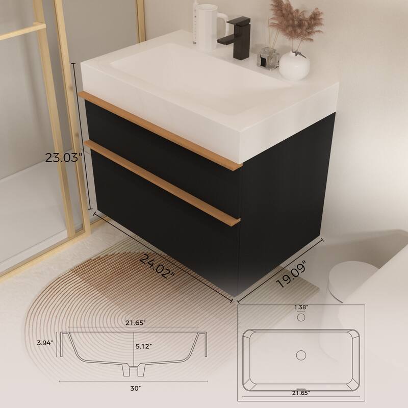 24 Inch Floating Modern Bathroom Vanity with Integrated Acrylic Sink, 2 Soft-Close Drawers and Pre-Assembled Design