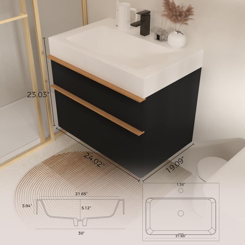 Wall Mounted Bathroom Vanity with Integrated Acrylic Sink - Black