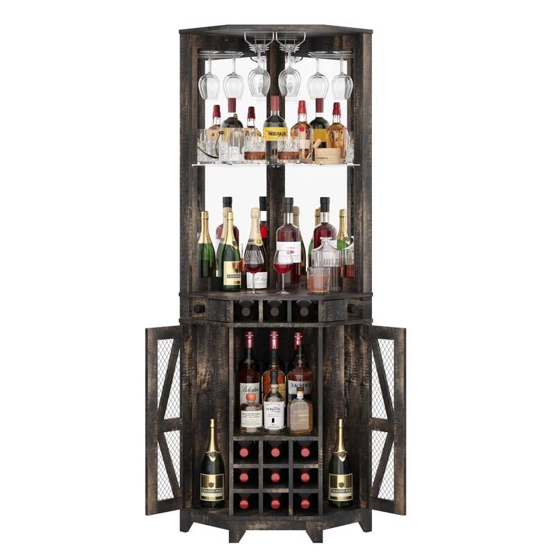 72" Tall Farmhouse Bar Storage Cabinet with Barn Door, Acrylic Mirror and Glass Rack