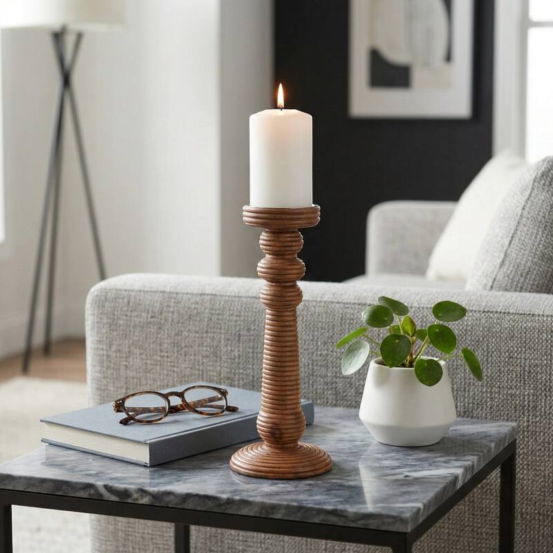 Candle Holder - Brown Mango Wood Ribbed Pillar