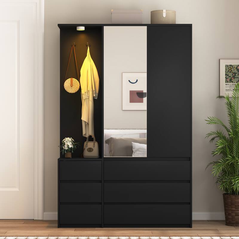 6 Drawers Armoire Wooden Bedroom Wardrobe Closet with Mirrored Door, Storage Shelves and Hanging Rail