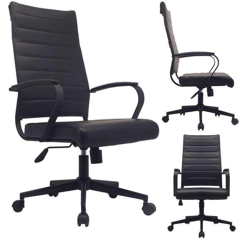 Modern Ergonomic Office Chair: Mid Back, PU Leather, Arms, Tilt, Adjustable Height, Wheels, Swivel - All Black