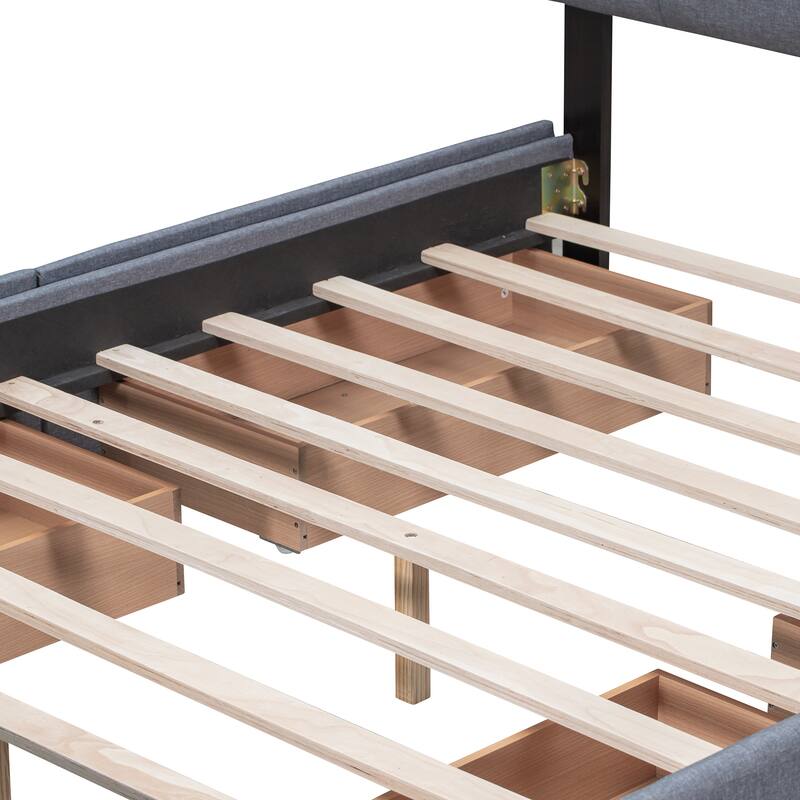 Dark Grey Tufted Design Upholstered Bed Queen Size Platform Bed with 4 Storage Drawers, No Box Spring Needed Slats Bed Frame