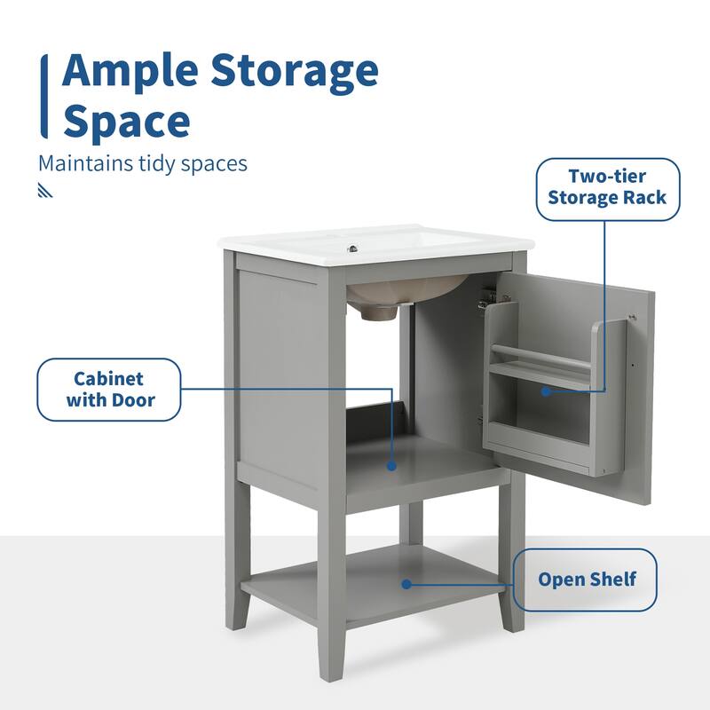 20" Modern Bathroom Vanity with Sink, Soft Close Door, Storage Rack & Open Shelf, Freestanding Cabinet