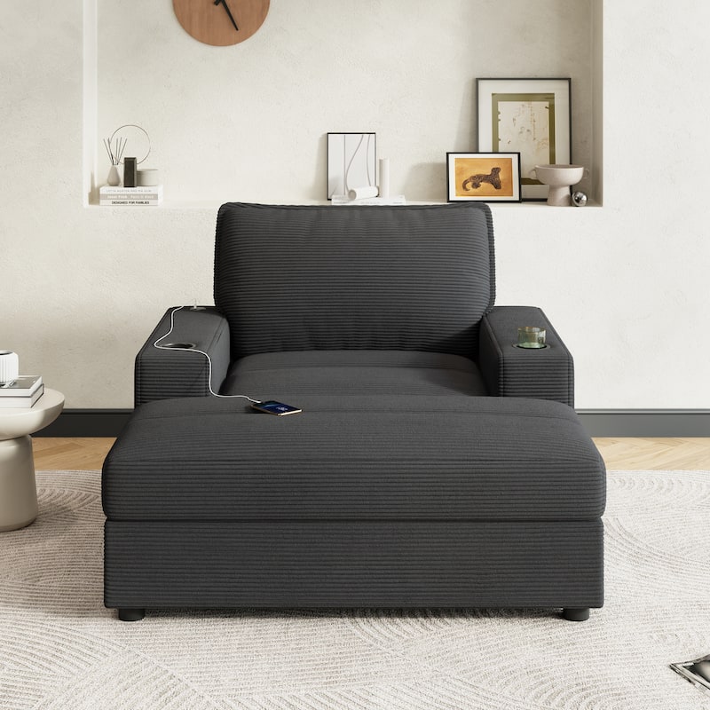 Roomfitters Oversized Chaise Lounge Chair with Storage Ottoman and Built-in USB Charging Port, Corduroy Sleeper Couch