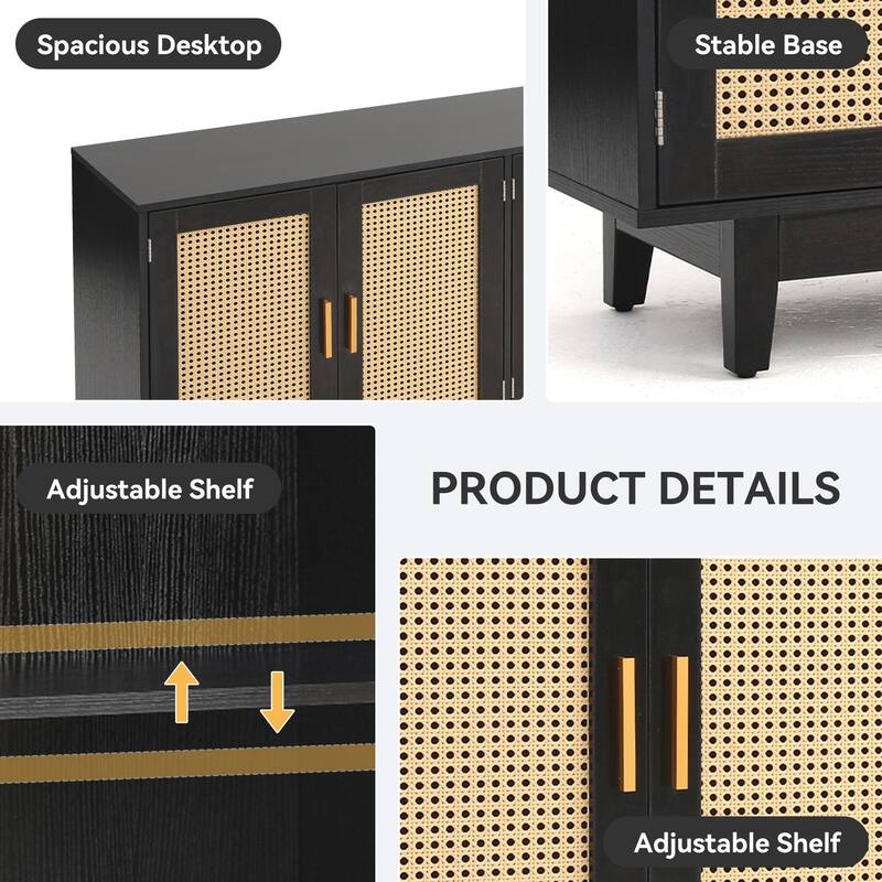 Modern 4 Door Wood Rattan Buffet Sideboard Storage Cabinet