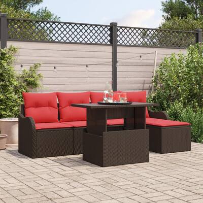 vidaXL 6 Garden Sofa Set with Cushions Black/Brown/Grey Poly Rattan - 90.9 x 46.1 x 27.2