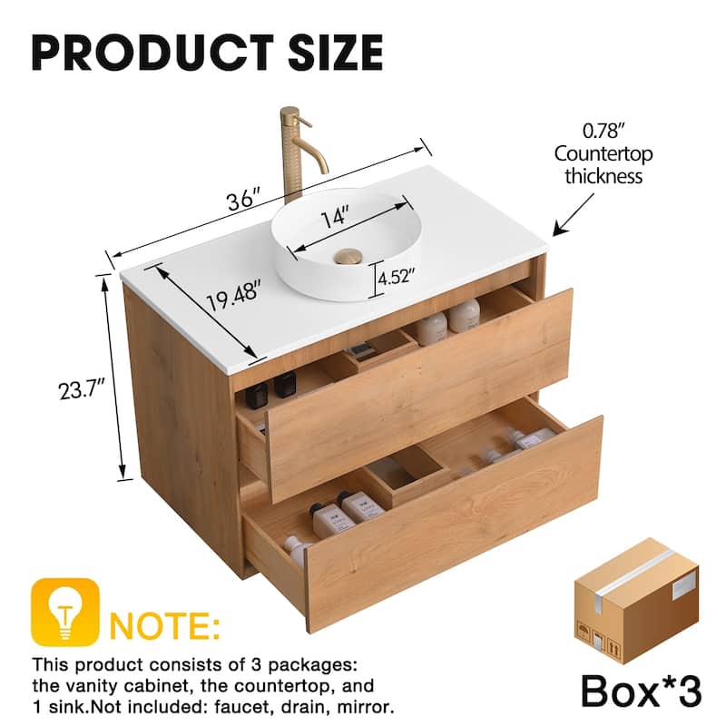 Sylphar 36 inch Toffee Oak Floating Bathroom Vanity with White Quartz Top