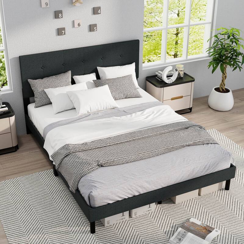 Costway Queen Size Bed Frame Linen Upholstered Platform Bed Frame with