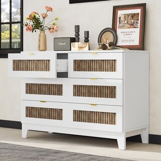 Rustic Farmhouse 6-Drawer Wooden Dresser with Metal Handles, White ...
