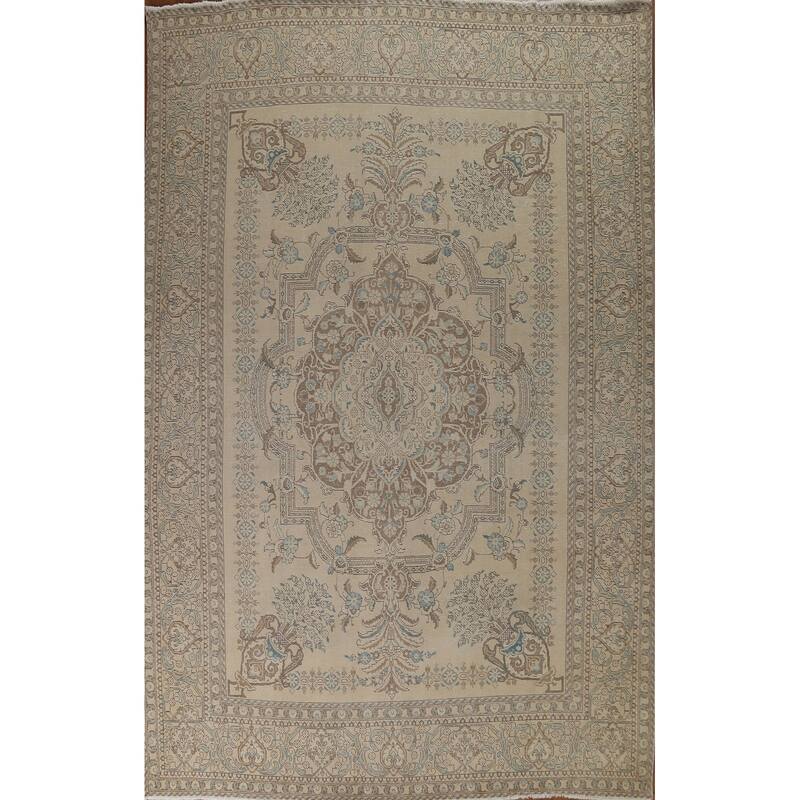Hand Knotted Oriental 100% Wool Carpet Traditional Floral Beige & Ivories Tabriz Area Rug - 12' 9'' X 9' 7''