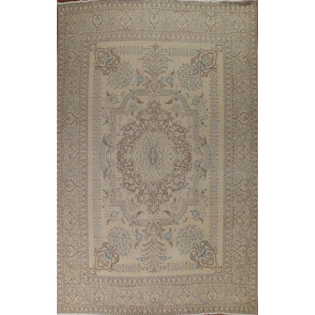 Hand Knotted Oriental 100% Wool Carpet Traditional Floral Beige & Ivories Tabriz Area Rug - 12' 9'' X 9' 7''