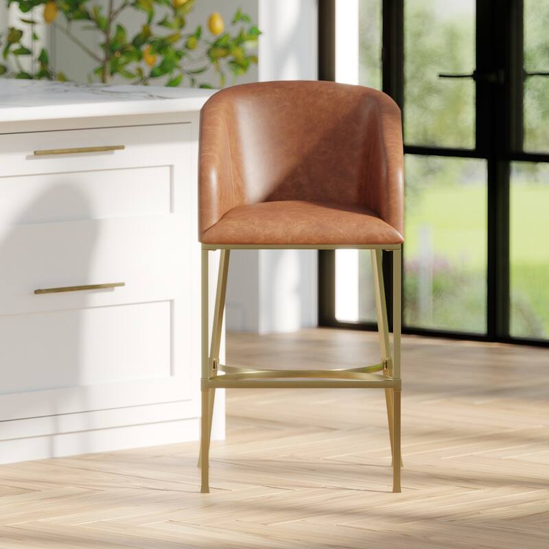 Hampton Modern Bar Stool, Faux Leather and Gold Finish Metal Frame - Brown - Bar Height