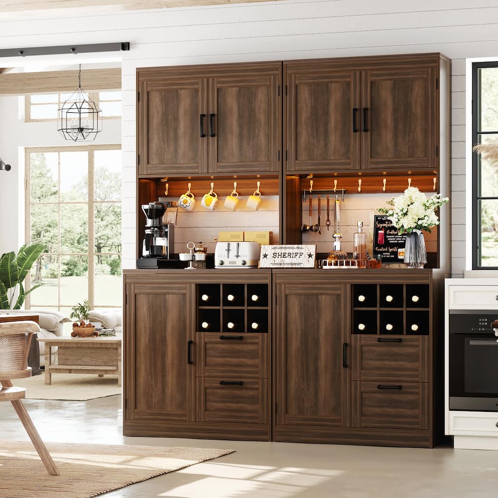 Farmhouse 72" Tall Kitchen Pantry Cabinet with Charging Station, Coffee Bar Cabinet with Hutch and LED Light