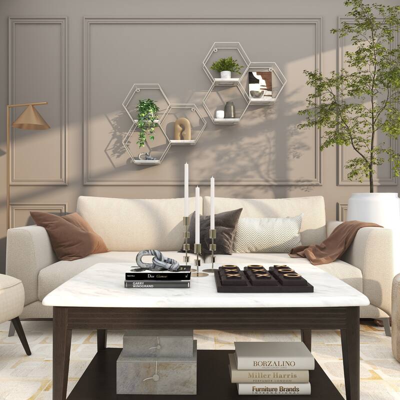 Geometric Metal Hexagon Wall Shelf with 3 Marble Shelves - Gold or Silver - 24 x 6 x 24