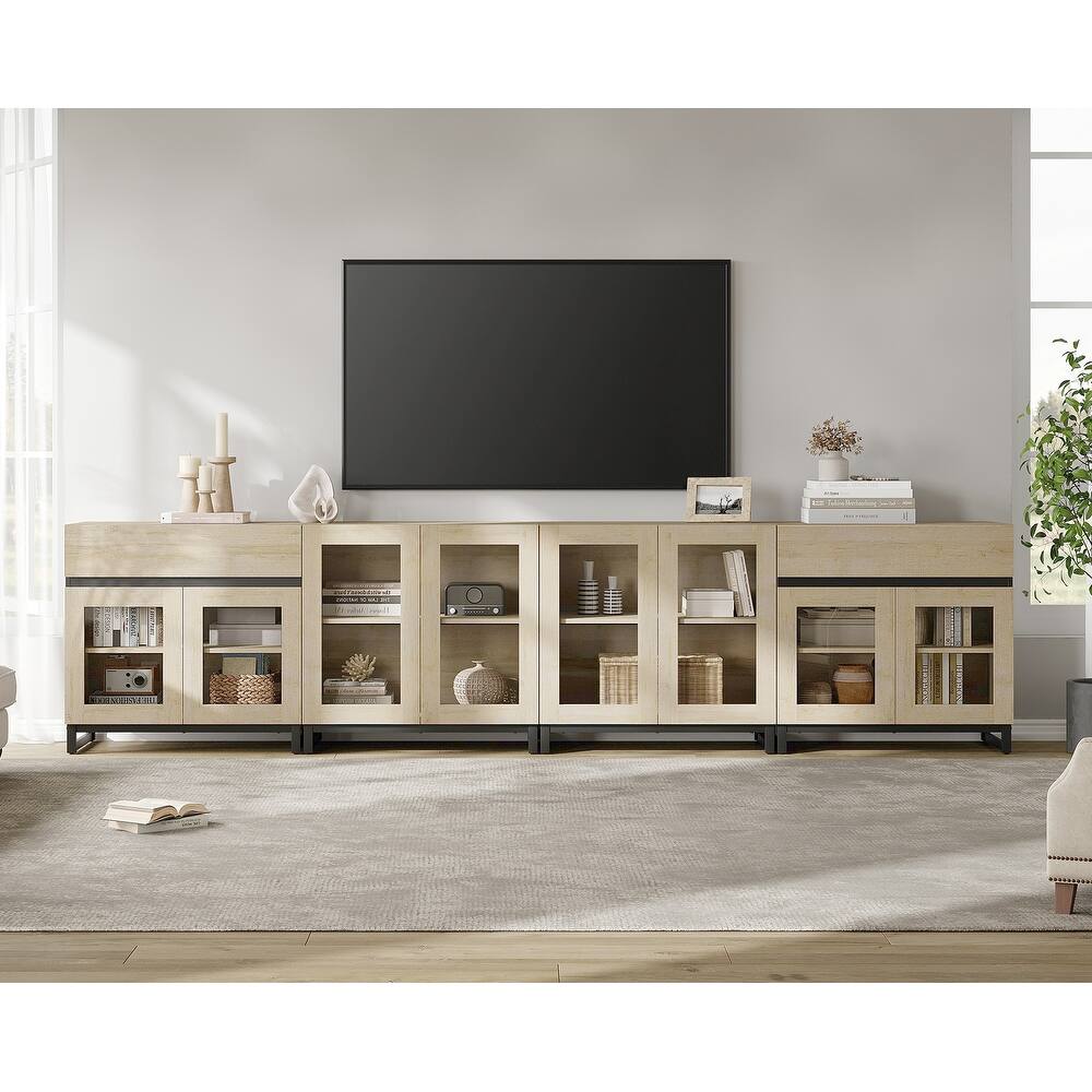 4-in-1 TV Stand for 120" TVs, Modern Console with Glass Doors & 2 Drawers