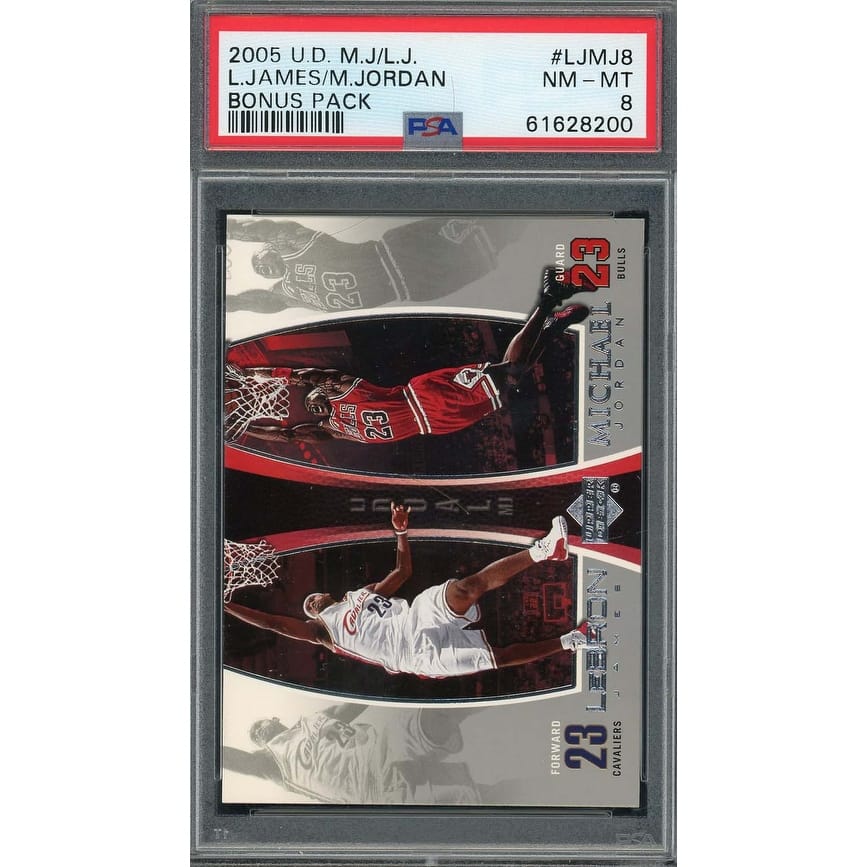 Michael Jordan LeBron James 2005 Upper Deck Bonus Pack Card #LJMJ8 Graded PSA 8 - 8'6" x 11'6"