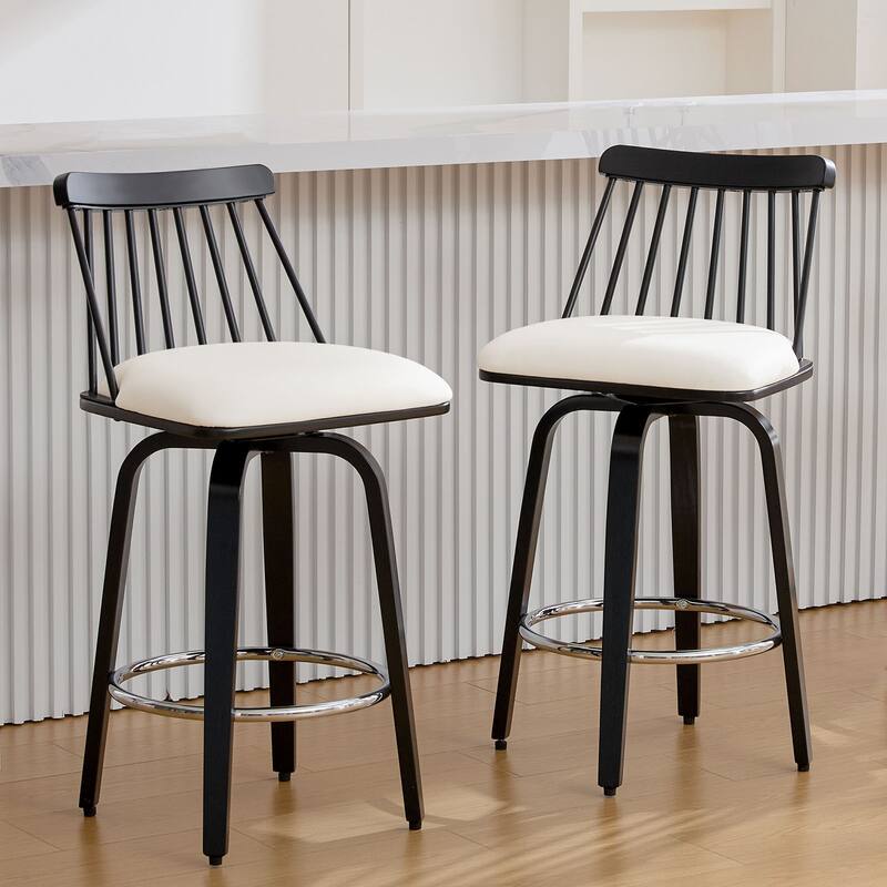 Mid-century Spindle Back Swivel Counter Height Bar Stools - 37.2"H x 18.9"W x 18.9"D - Set of 2 - White