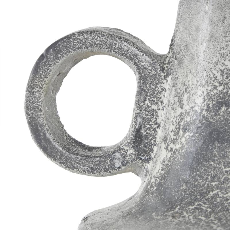 Light Gray Paper Mache Distressed Fluted Decorative Vase with Light Gray Texturing and Ring Handle