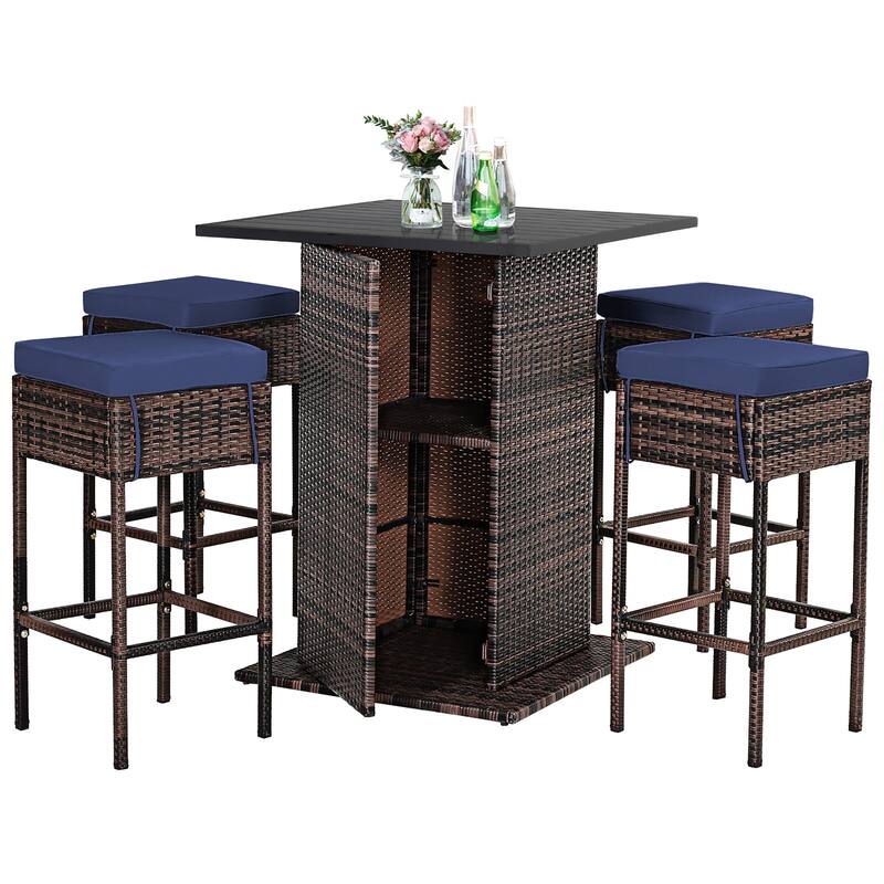 Costway 5PCS Patio Rattan Bar Table Stool Set Hidden Storage Shelf