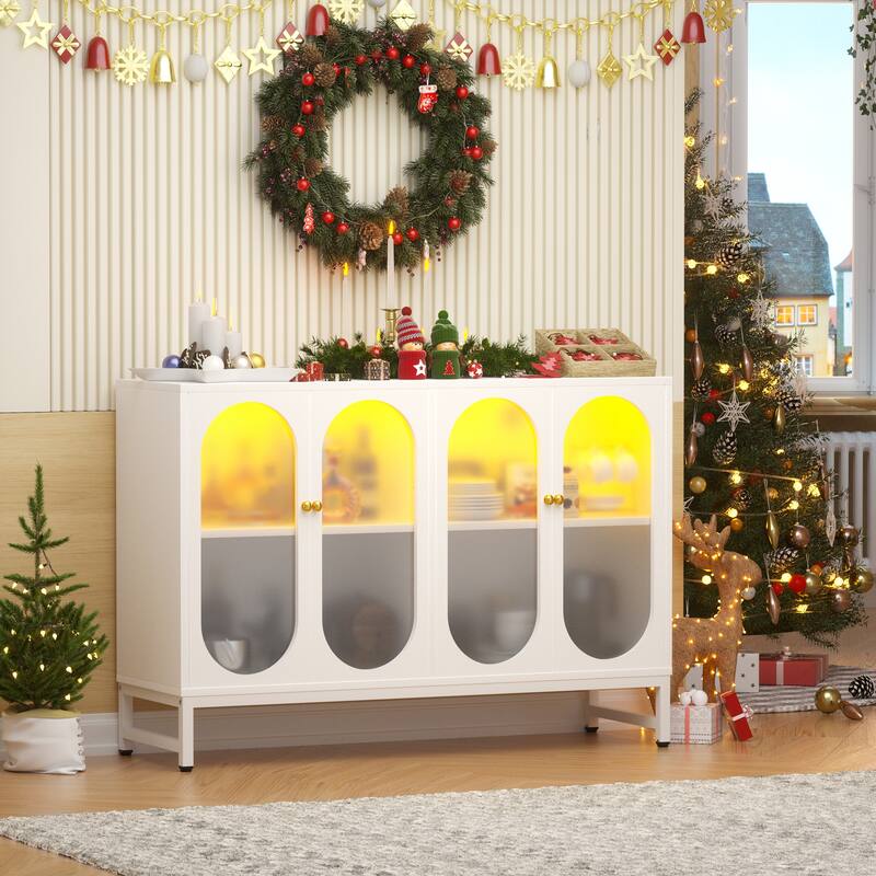 Modern Farmhouse Black Sideboard Buffet with USB Port, Black Storage Bar Cabinet with LED Light