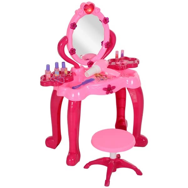 slide 2 of 10, Kids Vanity Set with Mirror and Stool, Girls Makeup Table with Light and Sound, 15 Accessories, Pretend Play Set with Hair Dryer Pink