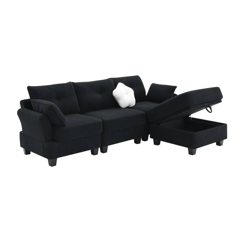 Teddy Velvet Lshaped Sectional Sofa with Storage Ottoman,Charging