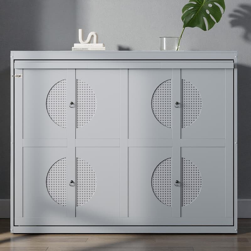 Full/Queen Size Murphy Wall Bed with Cabinet, Space-Saving Fold-Out Bed with Slat Support, No Box Spring Needed - Grey - Queen